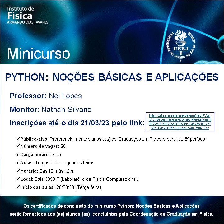 Inscrições para o minicurso gratuito de Python: Noções Básicas e Aplicações (Até o dia 21/03/23)